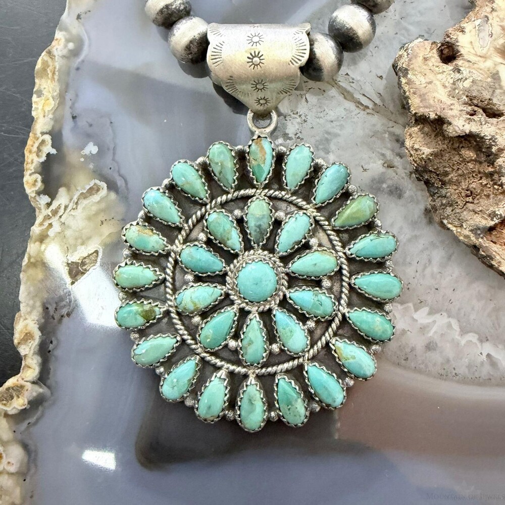 Sterling Southwestern Style Teardrop Mohave Turquoise Round Cluster Pendant